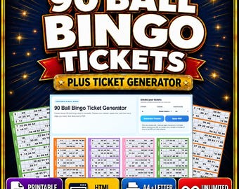 90 Ball Bingo Tickets Printable PDF, 100 Ready-Made Bingo Cards, Bingo Ticket Generator, Number Caller, A4 US Letter Party Game