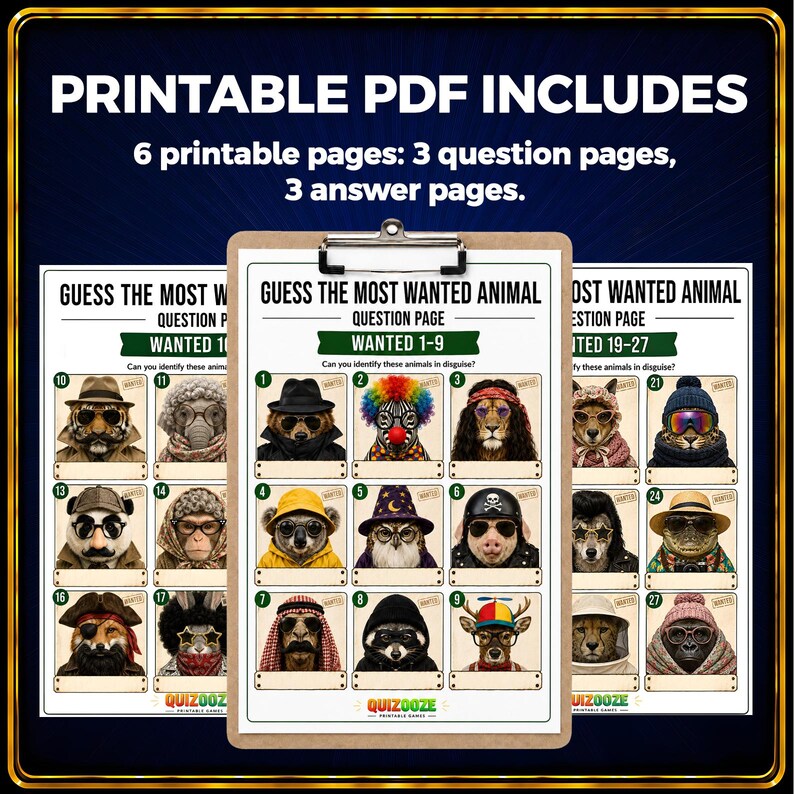 Pu&ograve; includere: Un set di gioco in PDF stampabile intitolato Guess The Most Wanted Animal, che include 6 pagine in totale con 3 fogli di domande e 3 di risposte. Le pagine mostrano illustrazioni a griglia di vari animali in costume, ciascuno numerato.