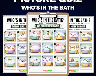 Guess Animal Bath Picture Quiz | Funny Family Party Game (Digital PDF Download)