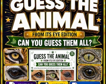 Guess The Animal From Its Eye Quiz, Printable Picture Quiz, Animal Eye Game, Family Quiz, Kids Activity, Classroom Game, Digital Download