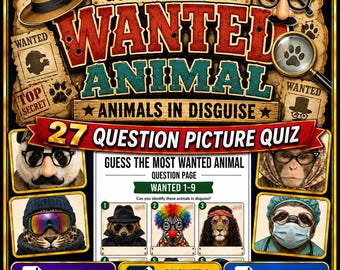 Guess The Most Wanted Animal Quiz, Printable Animal Picture Quiz, Funny Disguise Party Game, Family Quiz, Digital Download