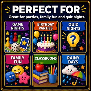May include: A dark blue informational graphic with gold borders featuring the text PERFECT FOR Great for parties, family fun and quiz nights. It displays six illustrated panels depicting game pieces, a birthday cake, a lightbulb, emojis, books, and a rainy day scene with a cloud and umbrella.