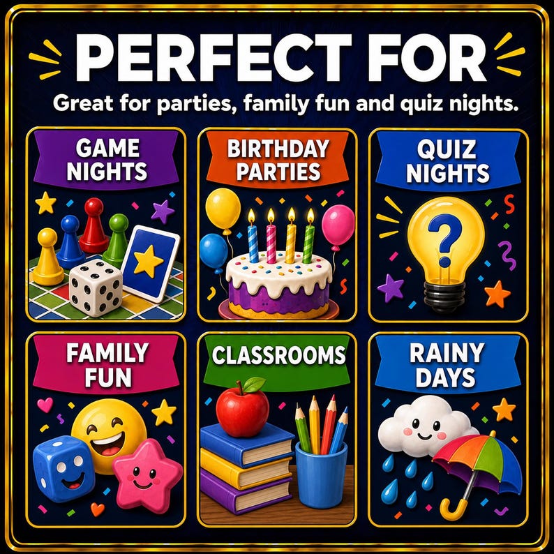 May include: A dark blue informational graphic with gold borders featuring the text PERFECT FOR Great for parties, family fun and quiz nights. It displays six illustrated panels depicting game pieces, a birthday cake, a lightbulb, emojis, books, and a rainy day scene with a cloud and umbrella.