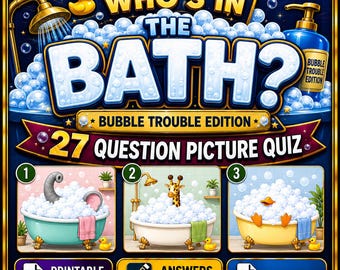 Guess What Animal’s In The Bath Printable Quiz | Funny Animal Picture Quiz | Family Party Game | Kids Party Game | Digital PDF Download