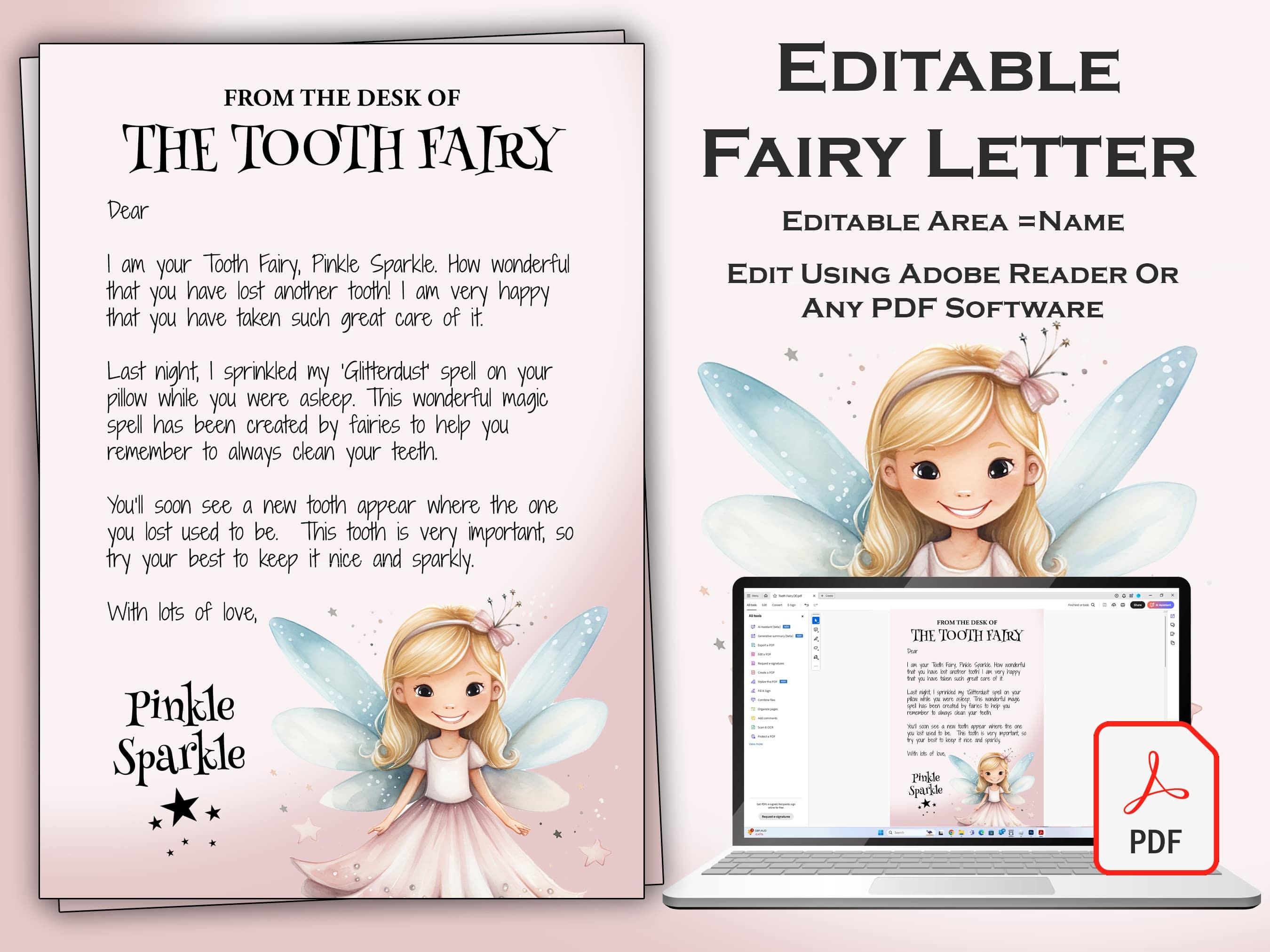 Editable Pink Tooth Fairy Package, Tooth Fairy Letter, Tooth Fairy Certificate, Tooth Fairy