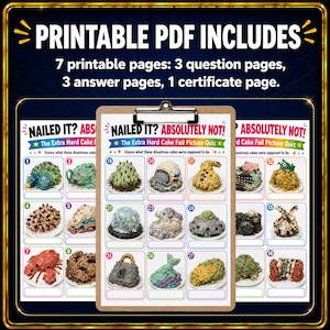 May include: A printable PDF quiz set titled NAILED IT? ABSOLUTELY NOT! The Extra Hard Cake Fail Picture Quiz. Includes 7 pages: 3 question pages with numbered images of various failed cakes, 3 answer pages, and 1 certificate page for participants.