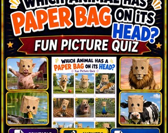Guess The Animal With A Paper Bag On Its Head Printable Picture Quiz | Funny Animal Quiz Game | Family Party Game | 27 Questions With Answer
