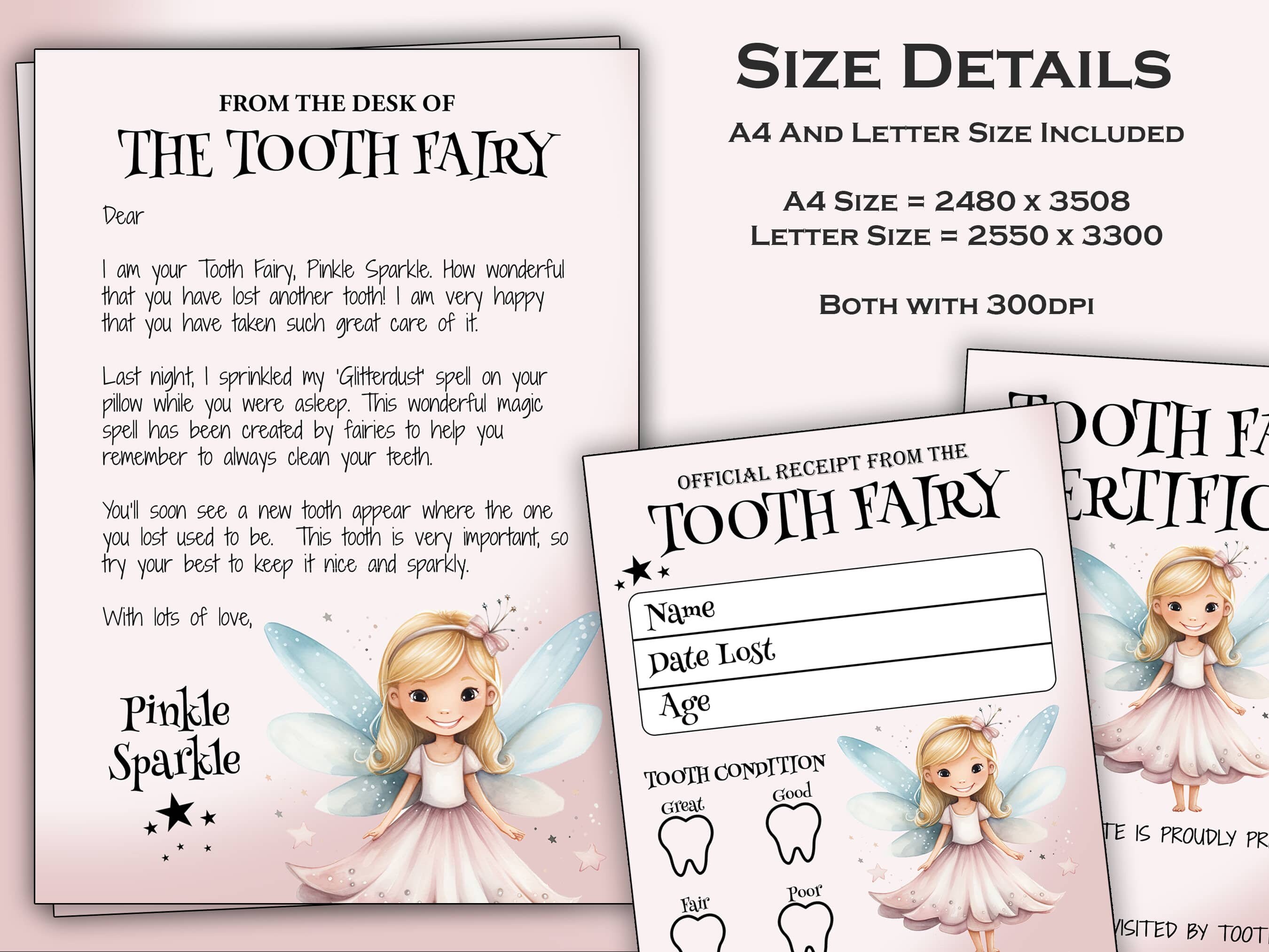 Editable Pink Tooth Fairy Package, Tooth Fairy Letter, Tooth Fairy Certificate, Tooth Fairy