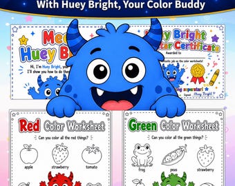 Colors Activity Worksheets for Preschool, Kindergarten, Huey Bright Buddy (Digital Download)
