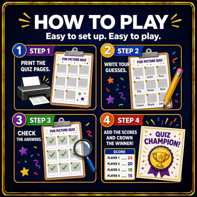 May include: An instructional graphic titled HOW TO PLAY with four steps. Step 1 shows a printer and a clipboard. Step 2 shows a clipboard with written guesses and a pencil. Step 3 shows a clipboard with green checkmarks and a magnifying glass. Step 4 shows a score sheet and a Quiz Champion award card.