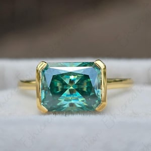 East to West Radiant Ring Half Bezel Ring 2 CT Green Radiant Moissanite Ring Engagement Wedding Ring 18K Yellow Solid Gold Promise Ring