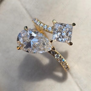 4 TCW Princess And Pear Cut Moissanite Diamond Ring Toi Et Moi Engagement Ring Vintage Ring Two Stone Teardrop Ring Wedding Gift For Her