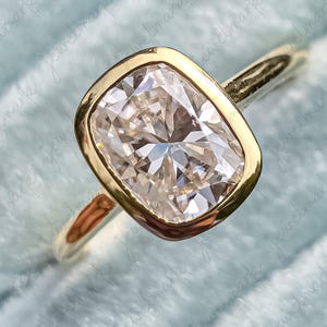Elongated Cushion Cut Moissanite Ring Solitaire Bezel Set Ring Yellow Gold Engagement Ring Bridal Stackable Ring Wedding Anniversary Ring