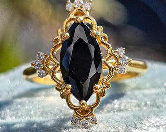 Black Moissanite Marquise Cut Engagement Ring, Round & Marquise Cluster Wedding Ring