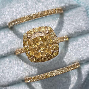 Elongated Cushion Ring Set Canary Yellow Cushion Halo Engagement Sets Matching Ring And Band Cushion Engagement Ring Cushion Wedding Set
