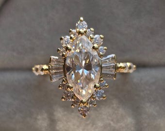 Arwen Emerald Moissanite engagement ring gold. Enchanted Fantasy ring. 14k yellow Gold moissanite engagement ring. Unique promise ring