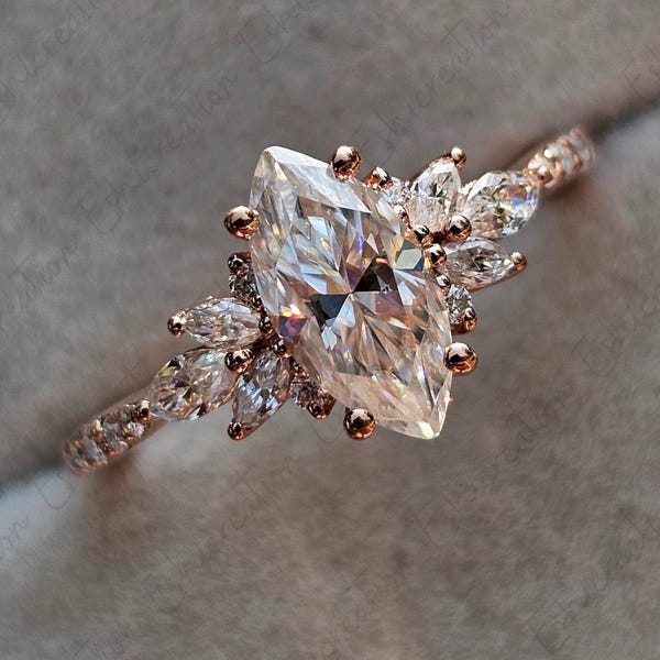 2 Ct Marquise Cut Moissanite Ring Vintage Moissanite Engagement Ring Solid Rose Gold Unique Snowdrift Diamond Wedding Ring Anniversary Gift