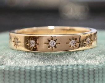 Star Engraved Ring Celestial Gold Ring Starry Ring Band Alternative Ring Unique Wedding Ring Gold Gold Round Diamond Wedding Band