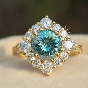 Antique Diamond Engagement Ring 2CT Cyan Blue Portuguese Cut Moissanite Ring Solitaire Wedding Ring 14K Solid Gold Anniversary Gifts For Her