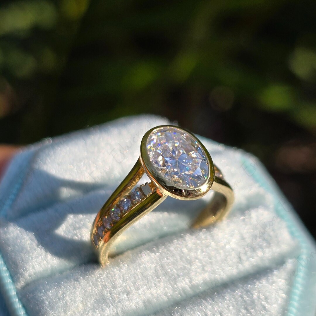 3 Ct Oval Moissanite Engagement Ring Bezel Set Solid Gold Solitaire ...