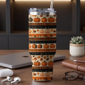 Autumn Pumpkin Plaid 40oz Vacuum Thermal Tumbler | Cozy Fall Leaves Insulated Water Bottle | Thanksgiving Gift for Her