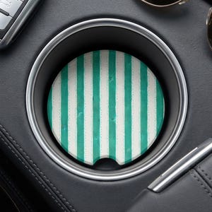 Teal Green Striped Car Coaster, Modern Vehicle Cup Holder Insert, Abstract Bright Auto Accessory, Durable Stone Coaster Gift