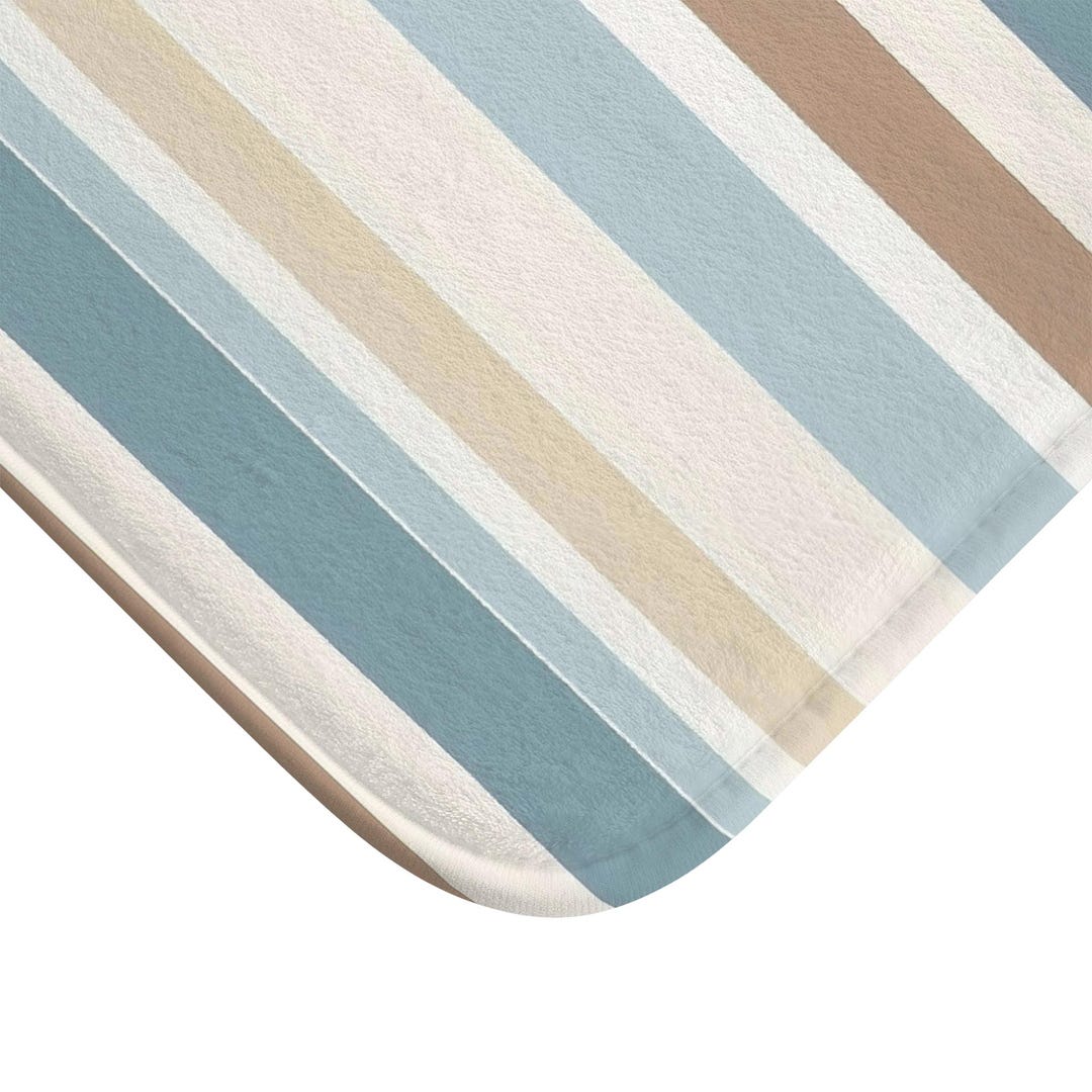 Coastal Stripe Bath Mat | Blue Tan Cream Striped Bathroom Rug - Etsy