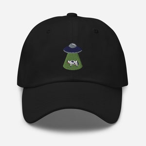 UFO Abducting Cow Dad Hat, Funny Space Embroidered Hat, Unisex Dad Cap, Adjustable Baseball Cap, Alien Sci-fi Embroidery Gift, More Colors