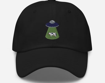 UFO Abducting Cow Dad Hat, Funny Space Embroidered Hat, Unisex Dad Cap, Adjustable Baseball Cap, Alien Sci-fi Embroidery Gift, More Colors