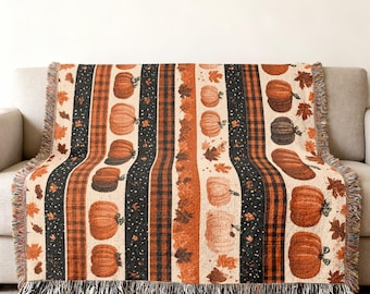 Woven Cozy Pumpkin Patch Blanket, Autumn Fall Decor Throw, Rustic Farmhouse Pumpkin Home Decor, Fall Leaves & Plaid Blanket