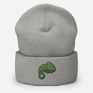Chameleon Embroidered Beanie Hat, Lizard Animal Embroidery Cuffed Knit Winter Hat, Unisex Fall Autumn Warm Cap Multiple Colors, Reptile Gift