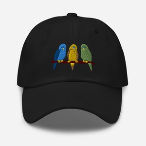 Budgie Birds Dad Hat, Parrot Embroidered Hat, Handmade Unisex Adjustable Baseball Cap Multiple Colors, Cute Gift for Parakeet & Parrot Lover