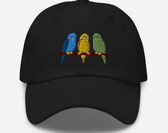 Budgie Birds Dad Hat, Parrot Embroidered Hat, Handmade Unisex Adjustable Baseball Cap Multiple Colors, Cute Gift for Parakeet & Parrot Lover