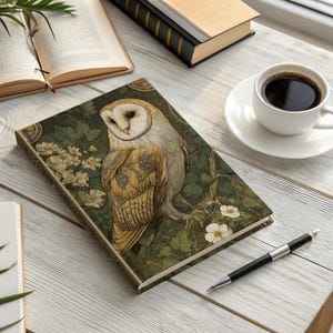 May include: A rectangular hardcover journal featuring a detailed illustration of a barn owl perched among green leaves and white flowers. The owl has white and brown feathers, and the cover design incorporates a dark, muted green botanical background.