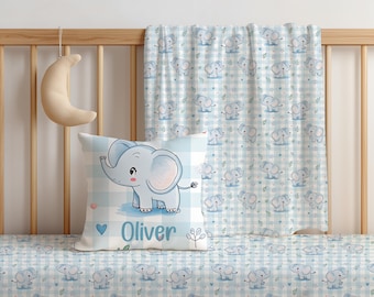 Blue Elephant & Gingham Baby Bedding | Boy Nursery Set - Fitted Crib Sheet, Pillow and Blanket