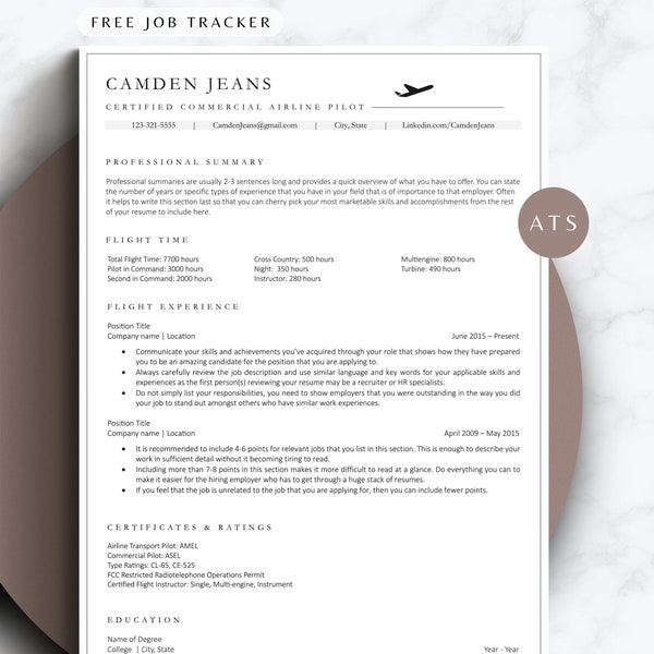 Commercial Pilot Resume Template Google Docs Modern Resume Flight Career CV Template ATS Friendly Flight Hours Skills Aviation Cockpit Roles