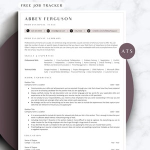 Może przedstawiać: Szablon CV z tytułem "Free Job Tracker" i nazwiskiem "Abbey Ferguson" u góry. Szablon zawiera sekcje dotyczące podsumowania zawodowego, umiejętności i doświadczenia, doświadczenia zawodowego oraz wykształcenia.