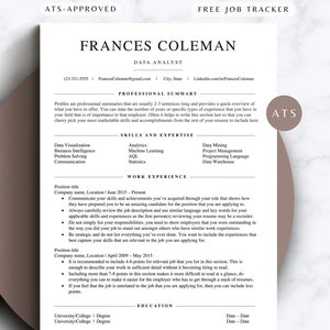 May include: A black and white resume template with the title "Frances Coleman, Data Analyst". The resume includes sections for professional summary, skills and expertise, work experience, and education.