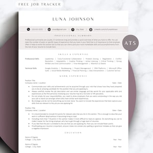 Może przedstawiać: Szablon CV w kolorze różowym i białym z tytułem "Free Job Tracker" i nazwiskiem "Luna Johnson" u góry. CV zawiera sekcje dotyczące podsumowania zawodowego, umiejętności i doświadczenia, doświadczenia zawodowego i wykształcenia.
