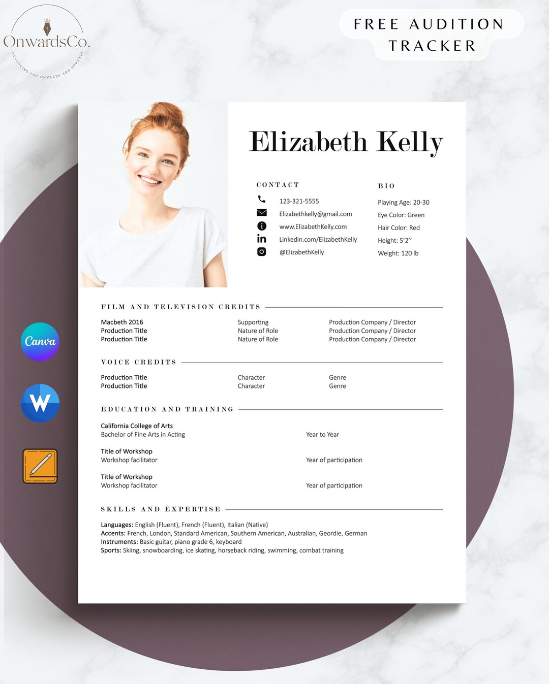 8x10 Actor Resume Template Headshot for Auditions Editable Modern 8x10 Actor Resume Template Headshot for Auditions Editable Modern