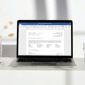 May include: A laptop computer displaying a resume template in Microsoft Word. The resume is for Kristen Jones and includes a professional summary, work experience, and contact information.