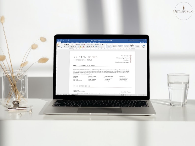May include: A laptop computer displaying a resume template in Microsoft Word. The resume is for Kristen Jones and includes a professional summary, work experience, and contact information.