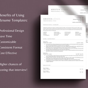 May include: A resume template with a checklist of benefits for using resume templates. The benefits include professional design, saving time, being customisable, having a consistent format, and being cost effective. The template also includes a section for professional summary, work experience, and education.