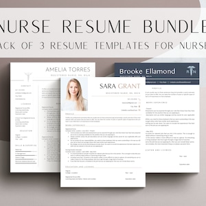 May include: A bundle of three nurse resume templates. The templates are in a modern, minimalist style with a blue and white color scheme. The text "NURSE RESUME BUNDLE" is at the top of the image. The text "PACK OF 3 RESUME TEMPLATES FOR NURSES" is below the first line of text.