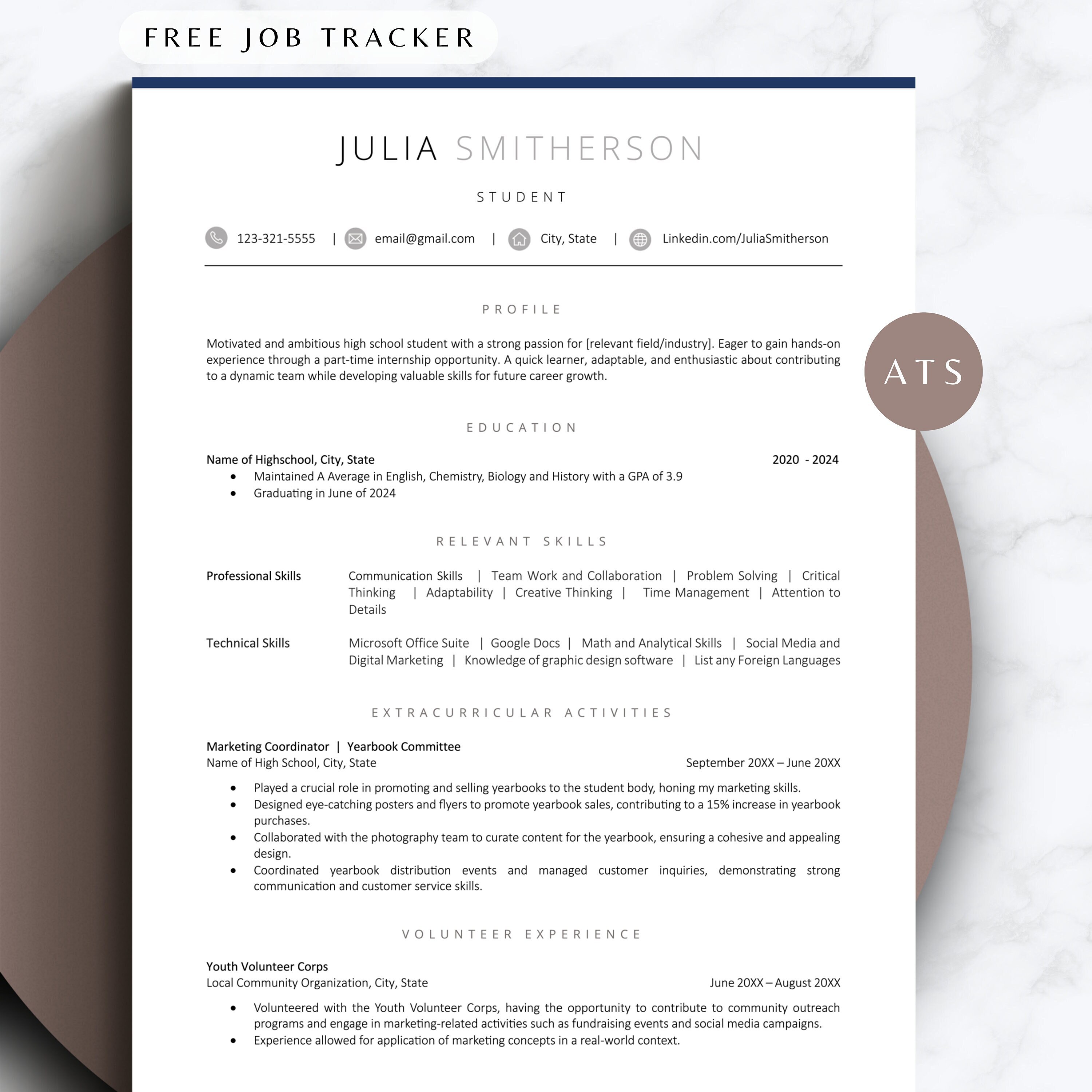 Student CV Format Editable Resume for Internship Job Application Creative Freshman Sophomore Resume Template Recent Graduate Job Search CV