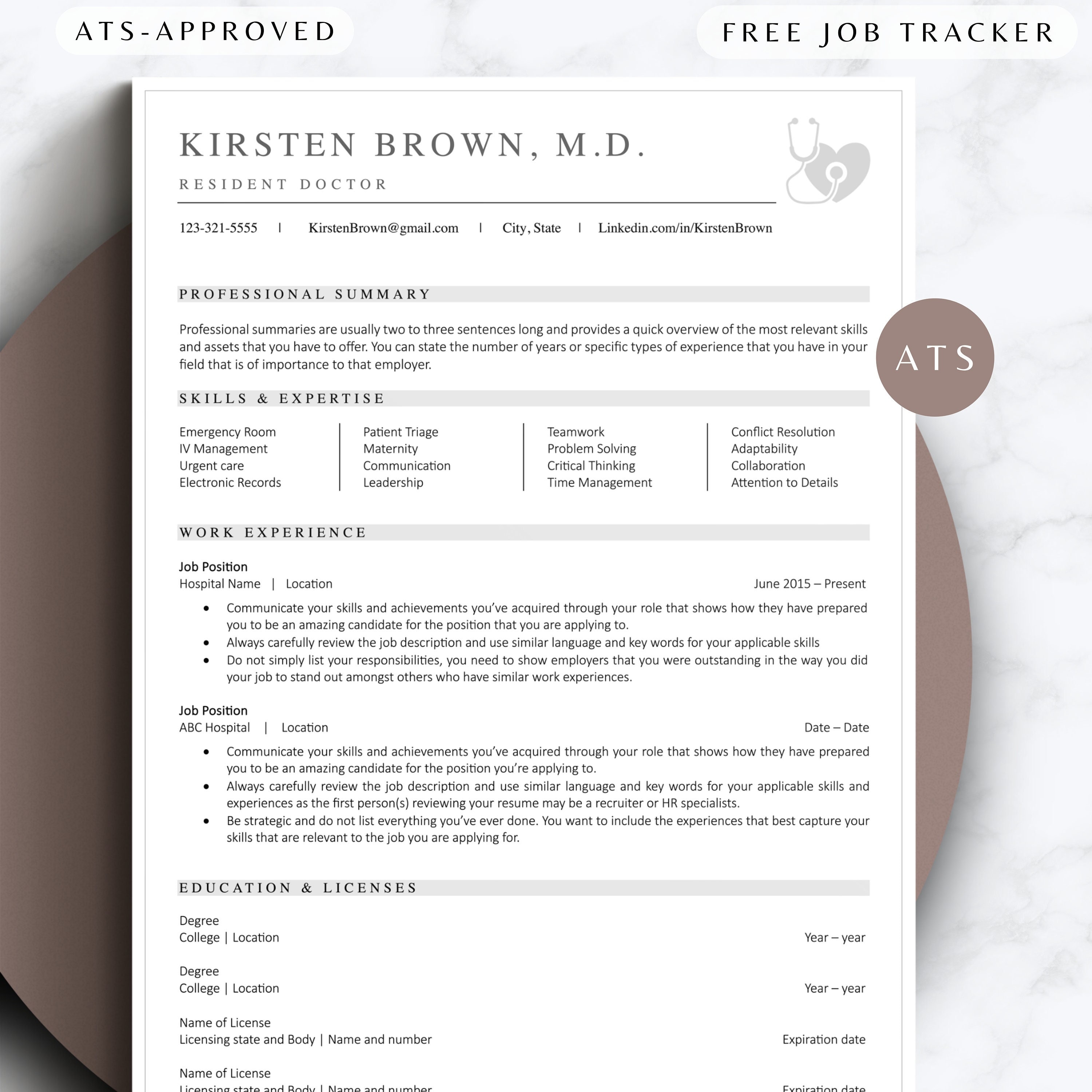 Doctor Resume Template Word 2 Page ATS Friendly Medical CV Template ...