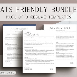 Op de afbeelding: Een wit en grijs bundel met cv-sjablonen met de tekst "ATS Friendly Bundle Pack of 3 Resume Templates" bovenaan. De bundel bevat drie cv-sjablonen met de namen "Juliet Noore", "Jamie Melbourne" en "Daniella Port".