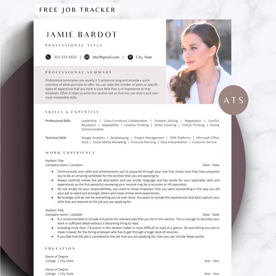 Modern Elegant Photo Resume Template with Picture CV Format Lebenslauf Vorlage mit Bild Moderne Eleganter Lebenslauf mit Foto ATS Friendly