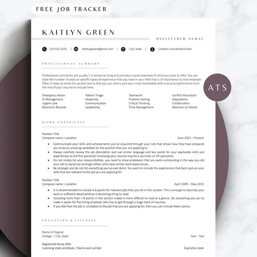 New Grad RN Resume 2 page Nursing Resume Template ats compliant RN Resume Template Google Docs  Nurse CV Template Medical Resume Modern
