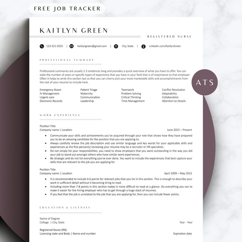 New Grad RN Resume 2 page Nursing Resume Template ats compliant RN Resume Template Google Docs  Nurse CV Template Medical Resume Modern